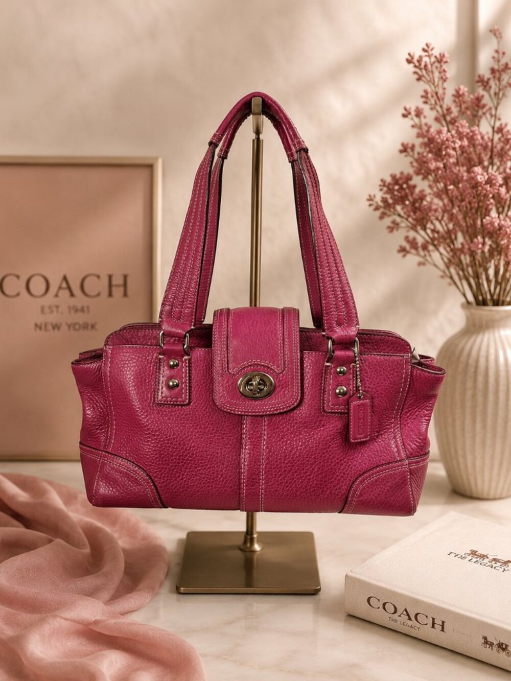Vintage Coach Hamptons Leather Carryall Satchel Bag F13961 Fuchsia Pink
